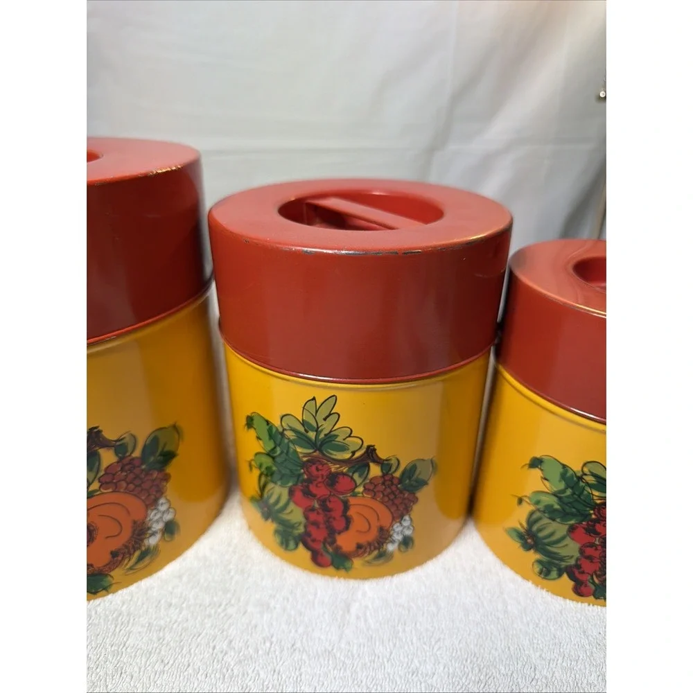 Vintage/Retro Metal Canister Set 4pc Yellow/Red Floral w/ Lids 16 oz